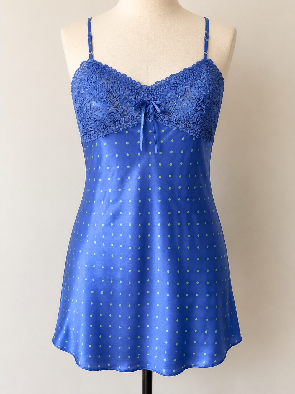 Morgan Taylor Intimates Blue Satin Polka Dot Lace Chemise Nightgown L